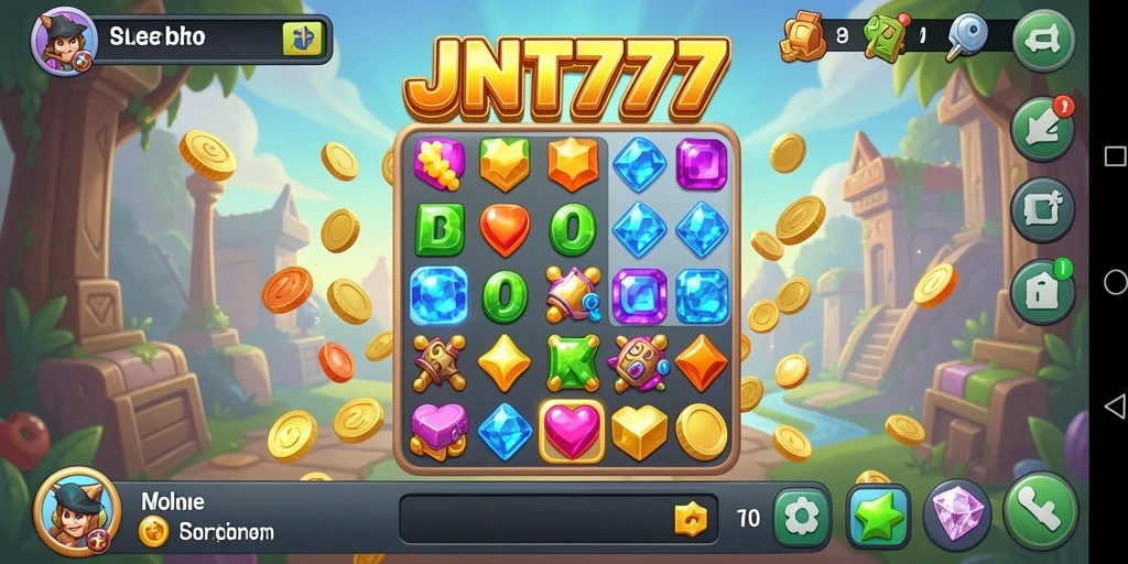 Tampilan gameplay menarik dalam JNT777 dengan elemen Match-3 yang berwarna-warni.